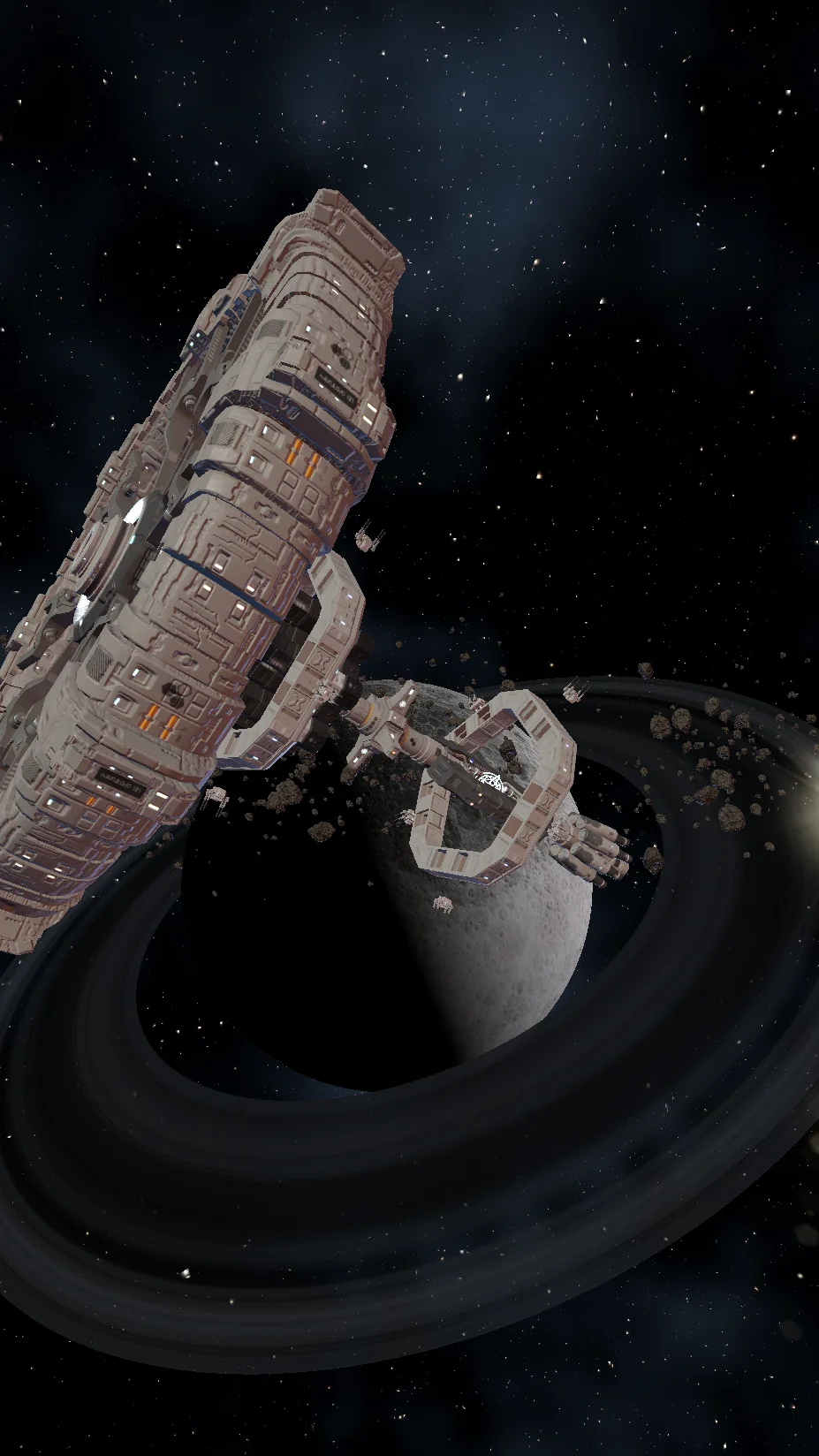 Deep space station vista in steel grey: the full orbital station wheel turning among asteroids. Monochrome nebula theme of the 3D Android live wallpaper